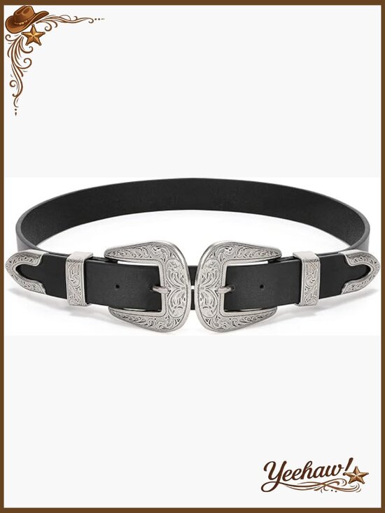 Vintage Western Leather Belt Double Buckle Retro Cowgirl Waist Belt for Pants main image 6